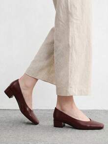 CUCCOO BIZCHIC Women's Spring/Summer New Vintage Burgundy Square Toe Low Vamp Daily Commute Versatile Mid-Heel Pumps - Jujube - View 5