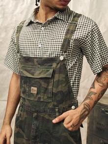 Norleigh Men's Casual Cargo Camo Bib Overalls With Multiple Pockets, Street Style Camo Overalls Men, Army Green, Button, Drawstring, Denim, Loose Fit - Army Green - View 11
