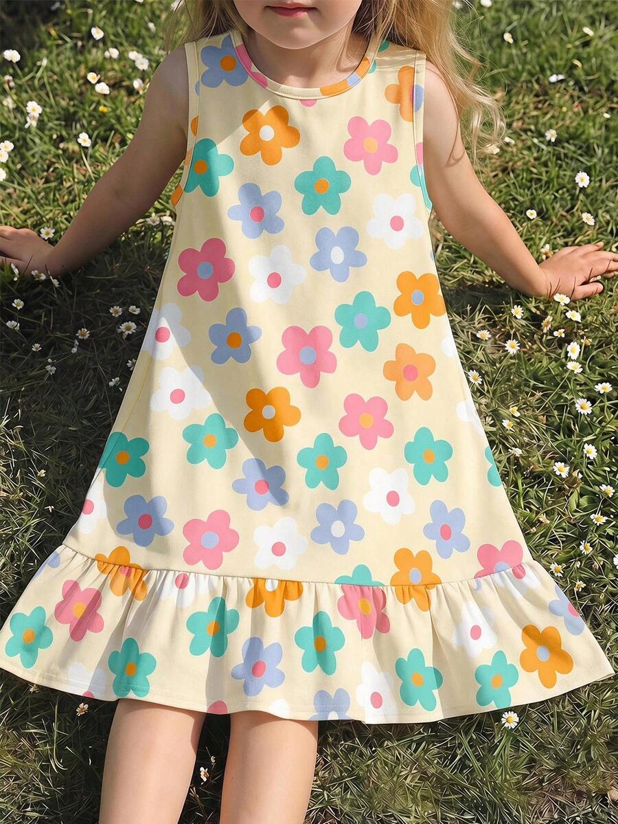 Emery Rose Kids 少女休閒簡約碎花百褶洋裝，適合夏季