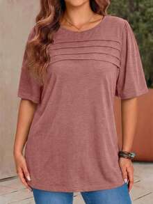 EMERY ROSE Plus Size Women's Solid Color Round Neck Short Sleeve Pleated Design Casual T-Shirt - Redwood - View 4