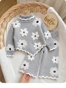 Baby Girl Floral Pattern High Neck Long Sleeve Sweater And Knitted Autumn Winter Pants Set - Grey - View 4