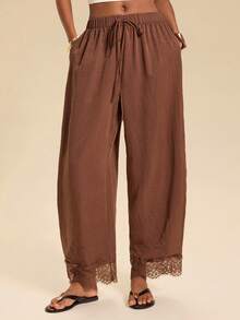 Travachic Women's Solid Color Contrast Lace Trim Lantern Pants Loose Casual Elastic Waist Long Pants Squishy's - Coffee Brown - View 6