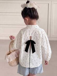 SHEIN 兒童青少年女孩休閒簡約舒適長袖蝴蝶結繫帶條紋彼得潘領襯衫，返校季秋冬穿搭 - 杏色 - 查看 1