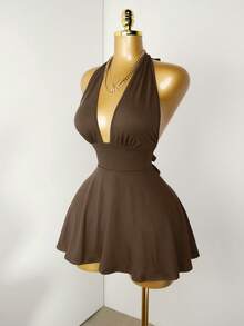 Mistrie Black Tight-Fitting Romper With Deep V-Neck, Backless Strap - Brown - View 5