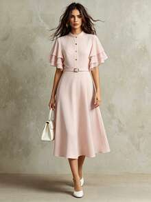 Franclia Ruffle Sleeve Solid Color Minimalist Fashion Waist Cinched A-Line Dress, Pink - Pink - View 1