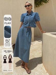 DAZY Women's Single-Breasted Short Sleeve Top And Skirt Casual Daily Denim Set Summer - Blue - View 1