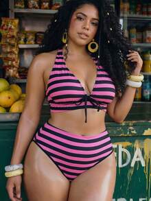 Slaydiva Plus Size Women 2 Pieces Swimwear Set, Random Striped Print 2026 New Hot-Selling Fashion Vacation Daily Minimalist Casual High-Waist Triangle Bikini Bottom Tummy Control Slimming Retro Print V-Neck Tie One-Piece Swimwear, Black & Pink Contrast Trim Bodycon Flattering Vacation Split Swimwear - Pink - View 4