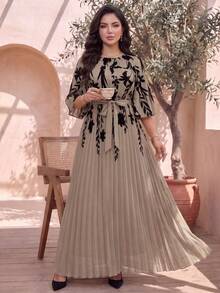 Auveirra Elegant Brown Plus Size Floral Print Pleated Maxi Jumpsuit With Belted Waist Autumn Gym - Brown - View 4