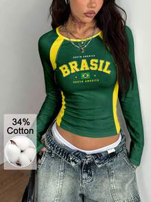 Coolane Damen Große Größen Herbst Streetwear Anti Social Smart Lässig Baggy Vintage Ausgehen Fitness Sport Club Urlaub Baumwolle Gelb Grün Farbblock Jersey Top - Grün - Übersicht 5