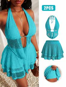 SHEIN SXY Blue Halter Knitted Mesh Skirt Set With Backless Design And Flared Hem For Women's Resort Wear - Teal Blue - View 11