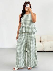 Shapeblank Plus Size Summer Casual Plaid Ruffle Tank Top & Pants 2 Pieces Set - Green - View 2