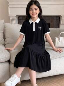 SHEIN Tween女孩休閒日常百搭舒適翻領拼接撞色 Polo 洋裝 - 黑色 - 查看 6