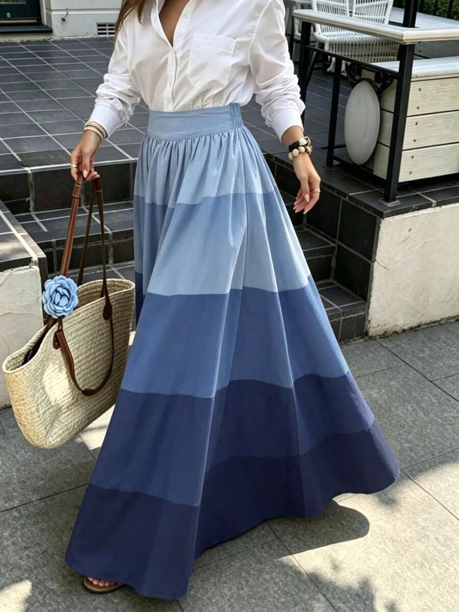 SHEIN PariChic 女款漸層牛仔效果印花彈性腰A字長裙，適合日常穿著與辦公室