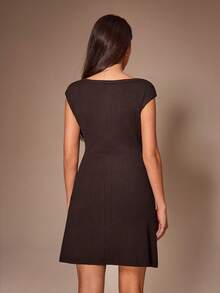 Lazeform Women's Solid Color Square Neck Tie-Front Knitted Textured Fitted A-Line Lounge Sleep Dress Holiday Lounge Dark Brown Summer Casual - Chocolate Brown - View 2
