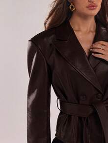 SHEIN BAE 女款純色腰部綁帶時尚百搭日常休閒夾克 - 巧克力棕 - 查看 8