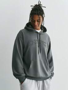 Sonviro Men's Letter Embossed Simple Daily Hooded Long Sleeve Sweatshirt, Going Out, Street Wear, New York - Dark Grey - View 2