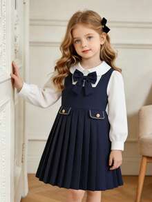 Elladie kids Back To School Girls' British Academy Style 2-Piece Dress Set, 4-7 Years Old Children's School Uniform, Peter Pan Collar Long Sleeve Shirt With Elegant Bow Decor, Embroidered Pocket Flap Academy Style Buttons, Paired With Pleated Hem Square Neck Pinafore Dress - Navy Blue - View 4