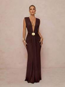 Lumalex Vestido con cuello en V, malla, cinta de cintura suave y fluida, bajo de cola de sirena con decoración de concha metálica para mujeres - Café integral - Ver 4
