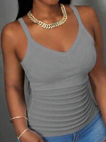 Slaydiva 2026 Primavera/Verano Nueva Llegada Casual Básico Versátil Blanco Sólido Acanalado Cuello en V Espalda de Corredor Fruncido - Gris - Ver 7