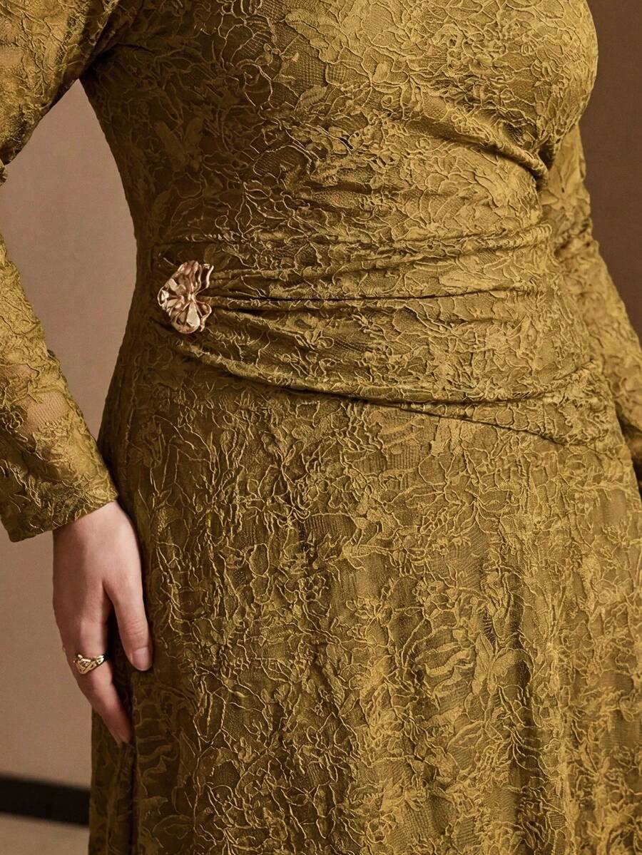 MOTF PREMIUM WOMEN'S PLUS SIZE STRUCTURED A-LINE LONG DRESS, AUTUMN/WINTER FALL - Olive Green - View 2