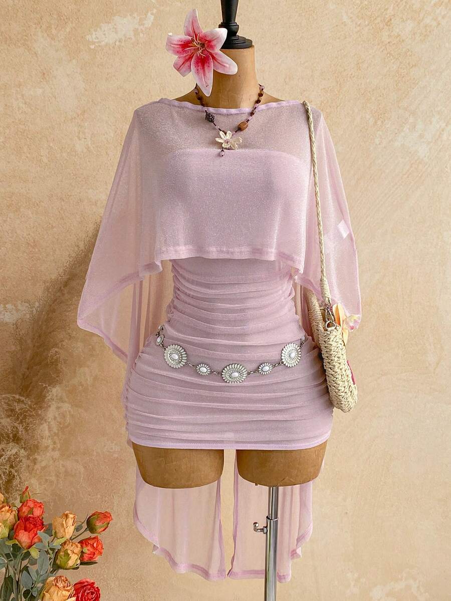 Soleia New Sexy Party Vacation Vacation Pink Sequin Sheer Asymmetrical Shoulder Loose Fit Hem Top Fitted Ruched Mini Dress Women 2pcs Set Bohemian Summer - Pink - View 1