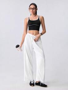Loungeista New Spring/Summer Women Casual Solid Color Fine Stripe Elastic Waist Straight Leg Comfortable Wide Leg Pants - White - View 7