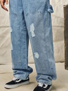 Norleigh Men's Letter Print Distressed Casual Versatile Denim Bib Overalls Hang Out Street Work Urban - Light Wash - View 11