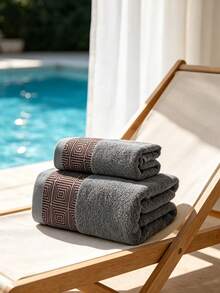1pc/2pcs Luxury Classic Interlocking Pattern Towels With Gold Thread Embroidery, Soft, Water-Absorbent, Lint-Free, Thin Design, Couple Household Towels For Bathing And Face Washing, Bathroom Decor Towels - Grey - View 6