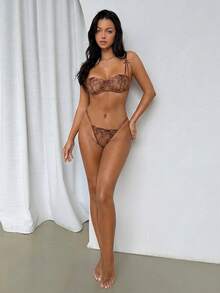 Firerie 2件套紫色浪漫花卉刺绣性感内衣套装（女士款） - 咖啡棕 - 查看 4