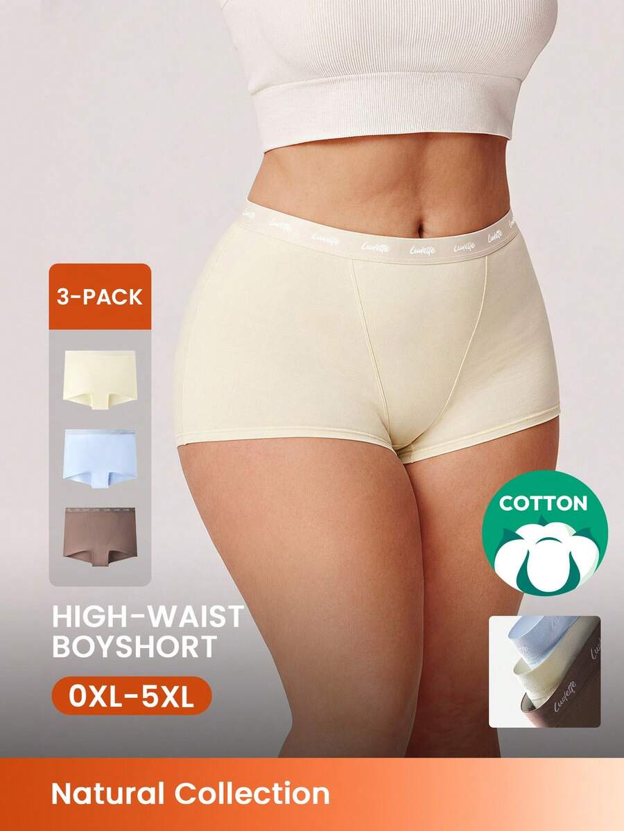 LUVLETTE Plus 3-Pack Women Plus Comfortable Cotton Logo High-Rise Boyshorts-Pastel Color - Multicolor - View 1