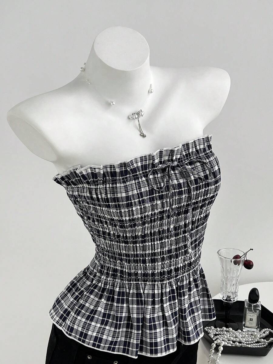Elamini 春夏女童無肩帶荷葉邊蝴蝶結修身上衣 - 藏蓝色 - 查看 1
