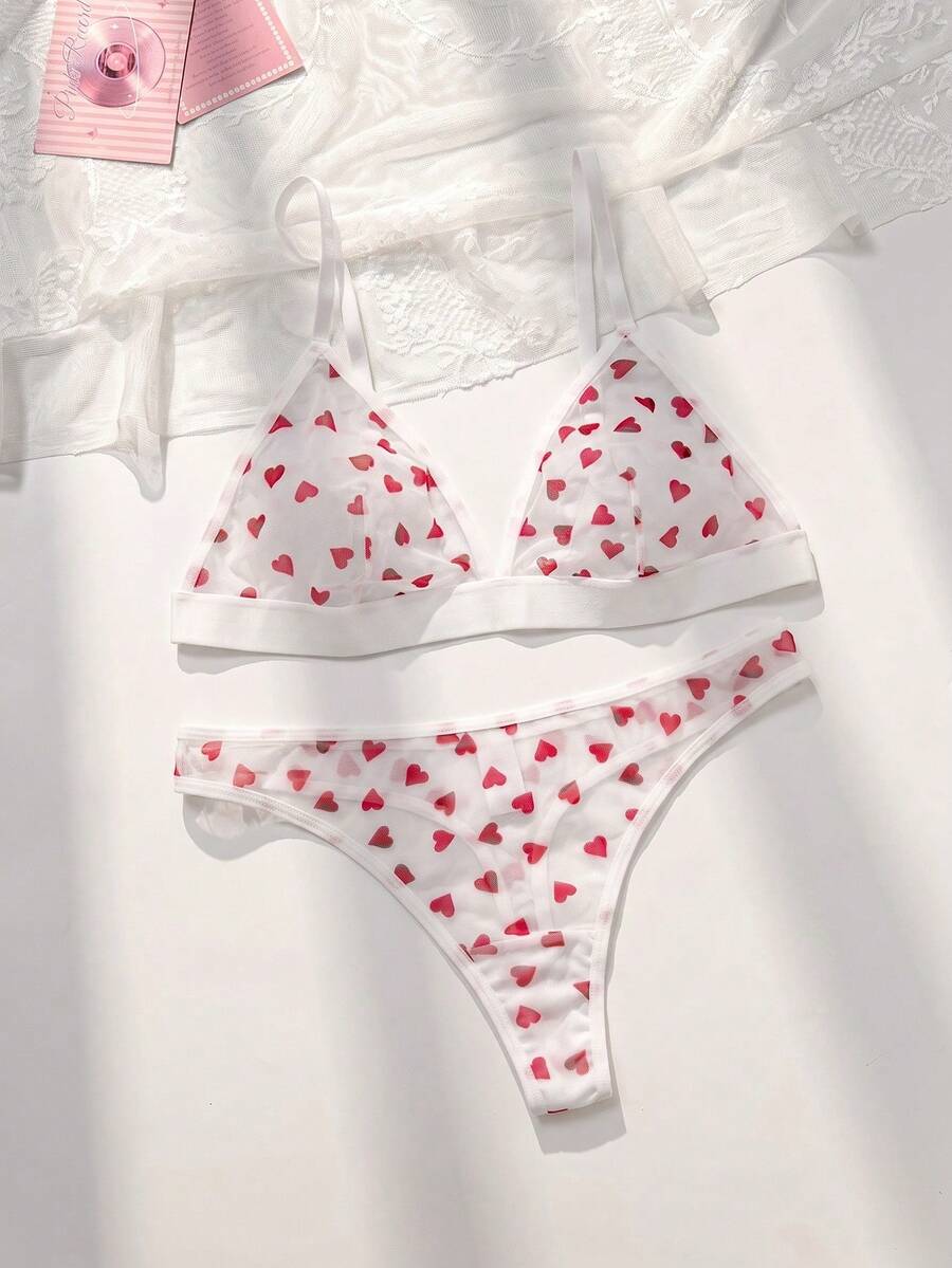 PetitDoll 女士性感网状心形印花无钢圈文胸和丁字裤内衣套装 - 紅白色 - 查看 1