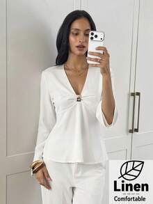 Aloruh Women's White Linen Metal Decor Cinched Waist A-Line Long Sleeve Blouse, Autumn/Winter Teachers' Day Brunch Party French Elegant - White - View 6