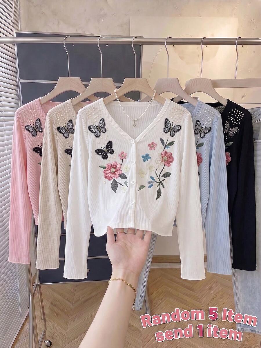 Girls White V-Neck Cardigan Colorful Floral Butterfly Print Long Sleeve Beaded Shoulders Round Button Summer Knit Tops - White - View 1