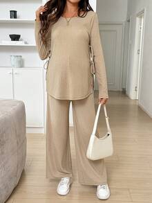 SHEIN 孕婦純色側開衩綁帶上衣與長褲兩件套 秋季 - 卡其色 - 查看 6