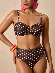 Travachic Plus Size Polka Dot Print Pleated Tank Top And Triangle Bikini Bottom Swimsuit Set Bathing Suit - Multicolor - View 8
