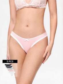 Bonmuse 5pcs Women Multicolor Ribbed Bowknot Sexy Lace Trim G-String Panties - Multicolor - View 1