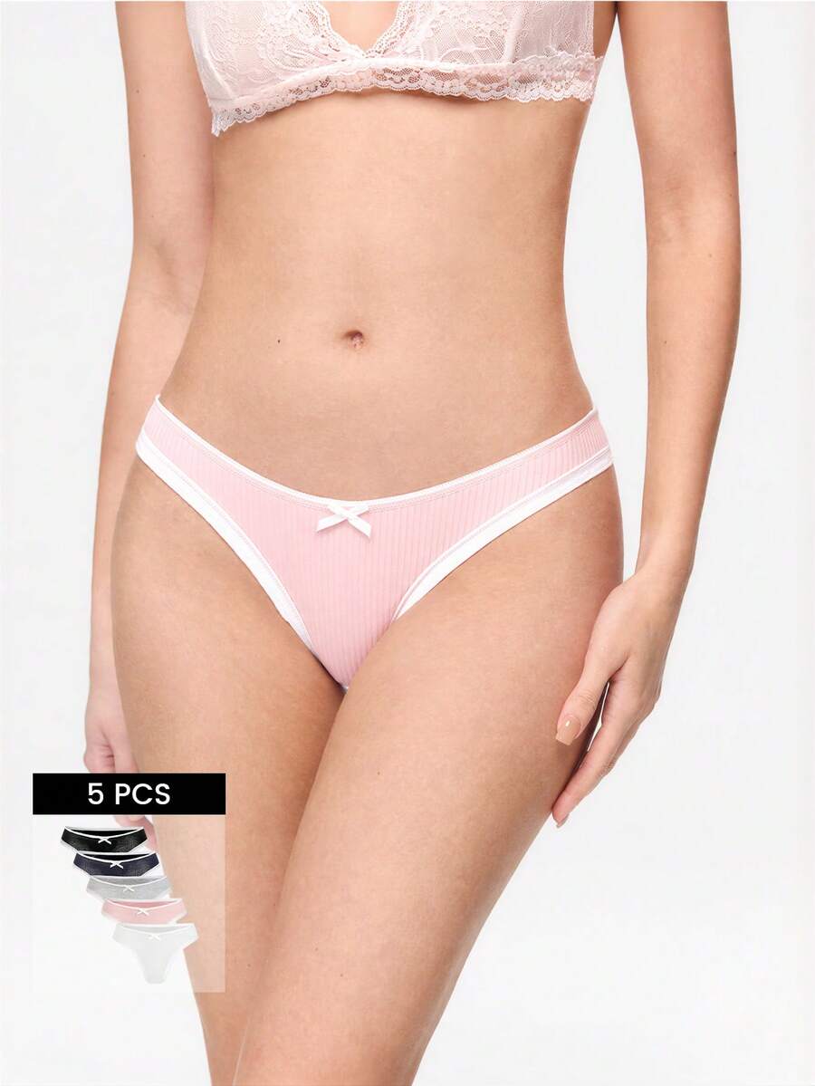 Bonmuse 5pcs Women Multicolor Ribbed Bowknot Sexy Lace Trim G-String Panties - Multicolor - View 1