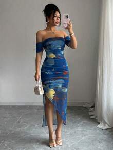 Selianne 女款優雅性感露肩淺藍色開衩修身長洋裝，夏季女裝酒吧派對夜場合穿搭 - 寶藍色 - 查看 1