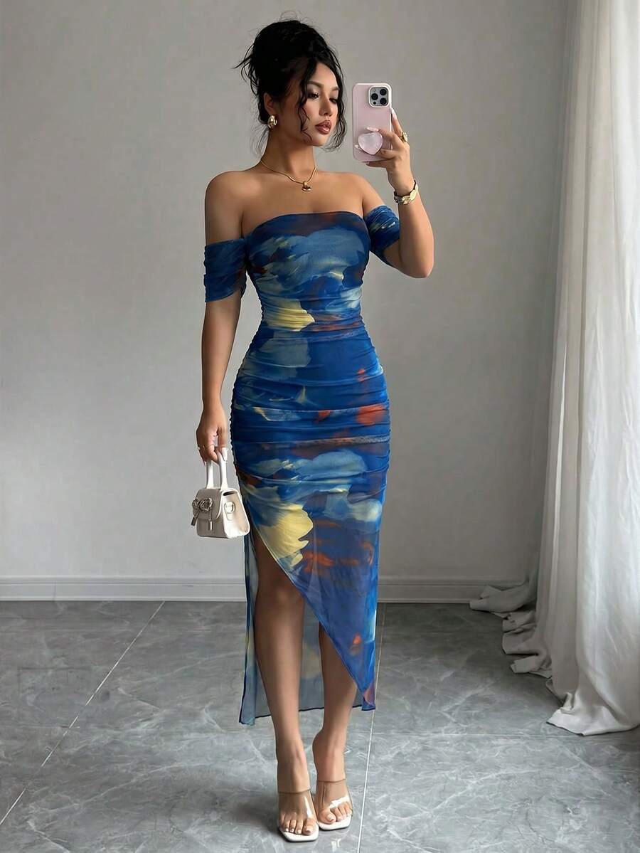 Selianne 女款優雅性感露肩淺藍色開衩修身長洋裝,夏季女裝酒吧派對夜場合穿搭 - 寶藍色 - 查看 1
