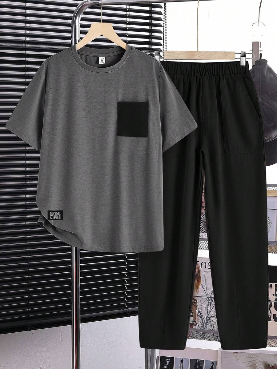 SHEIN 2件組 青少年男孩休閒舒適百搭趣味配色拼接口袋短袖上衣與長褲套裝 - 深灰色 - 查看 1