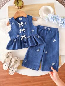 SHEIN Vintaside Kids 女嬰夏季藍色甜美可愛草莓印花條紋無袖荷葉邊上衣與寬腿褲套裝，寬鬆舒適版型，適合日常出遊、休閒旅行、家庭聚會、戶外玩耍及拍照 - 藍色 - 查看 5