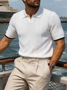 Manfinity Mode Men's Solid Color Short Sleeve Knit Top - White - View 3