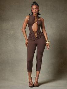 Denimoi Chain Detail Cut Out Sexy Jumpsuits Summer Vacation GNO Clubwear Concert Outfits Going Out - Brown - View 1