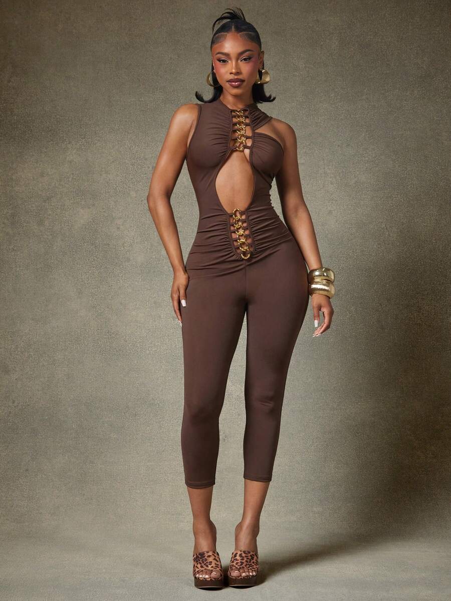 Denimoi Chain Detail Cut Out Sexy Jumpsuits Summer Vacation GNO Clubwear Concert Outfits Going Out - Brown - View 1