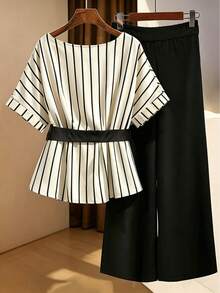 SHEIN LUNE 两件套女士条纹系带短袖上衣和休闲口袋长裤套装 - 黑色 - 查看 4