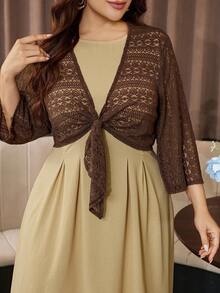 Modelyn Plus Size Lace Solid Color 3/4 Sleeve Short Cover-Up Outwear And French Casual Elegant Round Neck Sleeveless Dress For Spring&Autumn - Multicolor - View 1