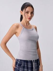Loungeista Women's Grey Ribbed Sleeveless Racerback Tank Top, Fitted Soft Spring/Summer Casual Everyday Wear - Grey - View 5