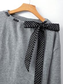 GlowEve CURVE Plus Size Elegant Polka Dot Bowknot Off-Shoulder Long Sleeve Pullover Sweater Fall - Grey - View 3