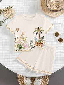 Baby Boy Casual Minimalist T-Shirt Set With Cartoon Pattern, Suitable For Summer,Fall Clothes - Multicolor - View 3